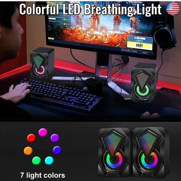 NEW- NJSJ Computer Speakers with Colorful RGB Lights, USB Powered 3.5mm Aux- - Picture 3 of 9
